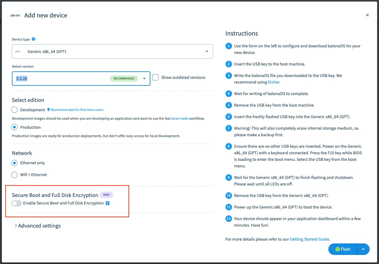 Add a device modal with secure boot and full disk encryption modal